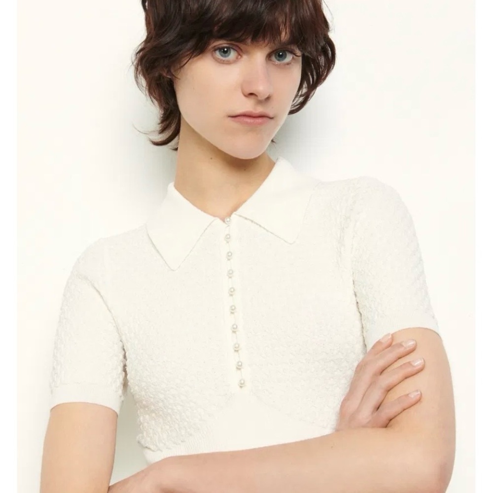 Sandro Polo-Style Pointelle Sweater Ivory Pearl Buttons